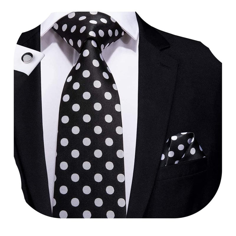 Hi-Tie Black White Dots Tie Sets for Men Silk Casual Formal Necktie With Pocket Square Cufflinks for Wedding Business - Image 1
